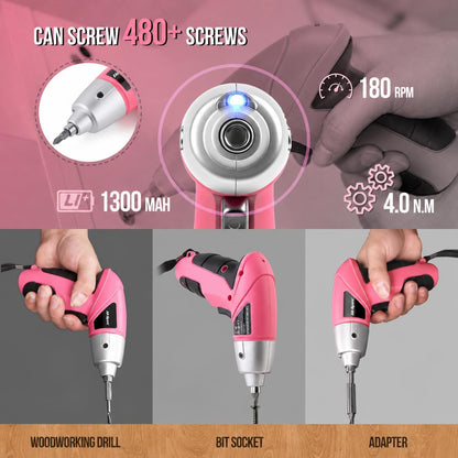 Hi-Spec Cordless Electric Screwdriver, Power Screw Driver Set with Pink Compact Tool Kit for Small Repair and Maintenance- Ideal Housewarming Gift,19 Piece