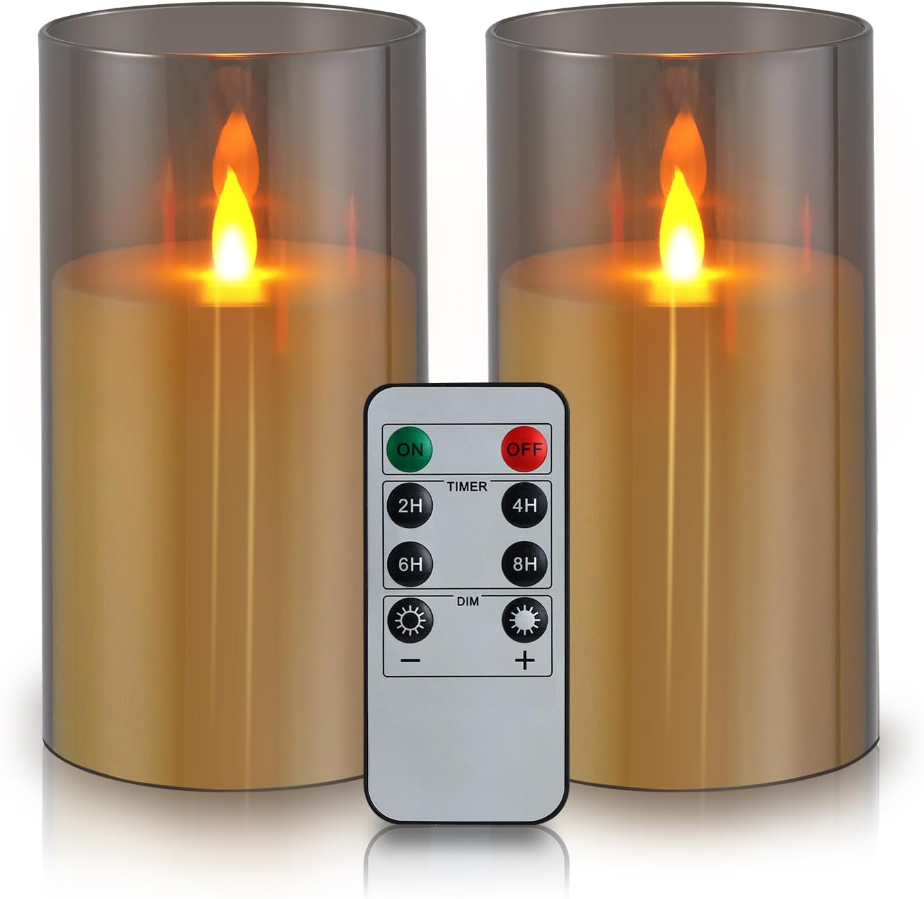 wemarry Flameless Candles 4" 5" 6" Acrylic Glass Pillars 3" Diameter Battery Operated Flickering Candles Include 8-Key Remote with Timer Function 400+ Hours (Amber, Warm Light 3 Pack)