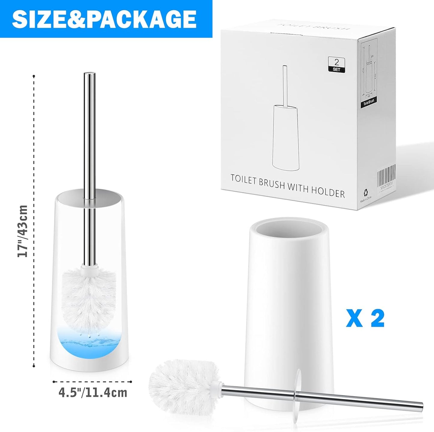 Toilet Brush and Holder, 2 Pack Toilet Brush with 304 Stainless Steel Long Handle, Toilet Bowl Brush for Bathroom Toilet-Ergonomic, Elegant,Durable (White)