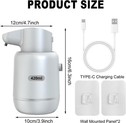 Automatic Foaming Soap Dispenser 15oz/420ml Foaming Hand Sanitizer Touchless Wall Mount with 4levels Adjustable Free Touch Electric Soap Dispenser Rechargeable with Sensor(White)