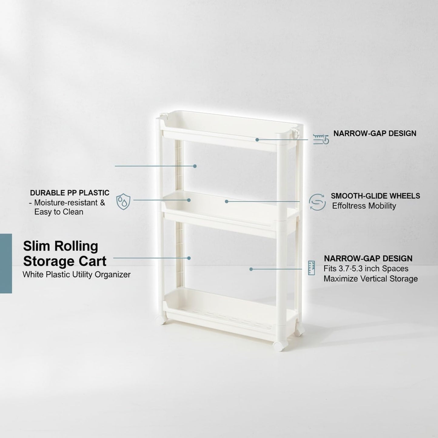 Slim Rolling Storage Cart, White | Plastic Utility Organizer, With Wheels, For Narrow Gaps, Kitchen and Bathroom