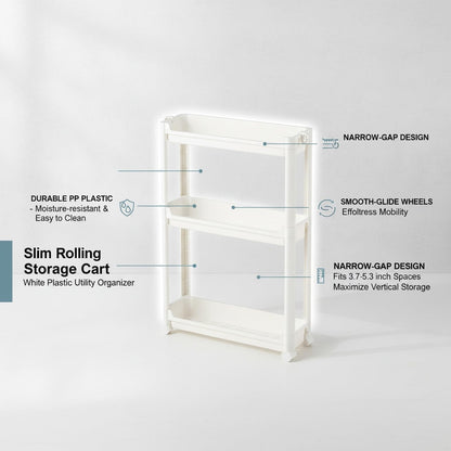 Slim Rolling Storage Cart, White | Plastic Utility Organizer, With Wheels, For Narrow Gaps, Kitchen and Bathroom