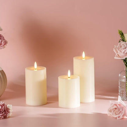 Stmarry White Flameless Candles with Remote and Timer, Real Wax Made LED Pillar Candles Battery Operated with 3D Flickering Flame - 3" x 4",5",6" - Set of 3