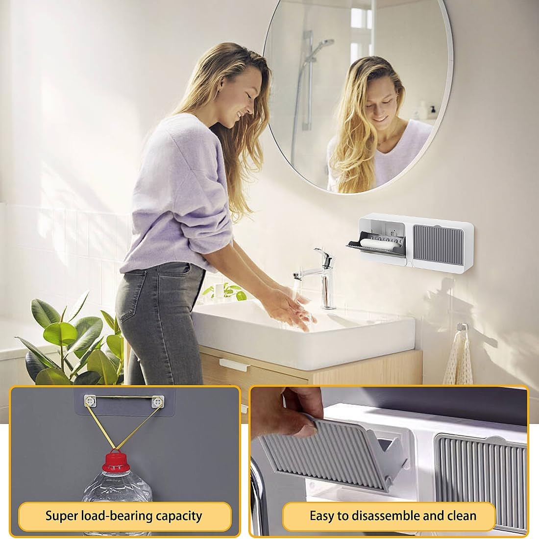 Soap Holder with Hooks, 2-in-1 Wall Mounted Soap Dish, No Drilling Soap Bar Holder with Self Draining to Keep Soap Bars Dry, Suit for Shower, Bathroom and Kitchen(Gray)