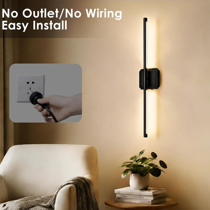 Battery Operated Wall Sconces Set of 2, 𝐔𝐩𝐠𝐫𝐚𝐝𝐞𝐝 Rechargeable Wall Lights with Remote Control, LED Wall Sconces Black, 3000K-6000K Dimmable 360° Rotatable for Living Room, Bedroom, 28''