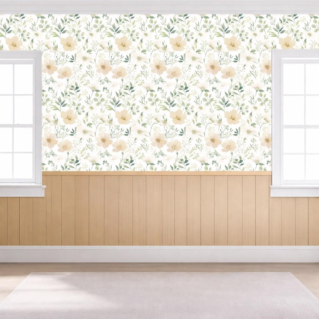 Sage Green Floral Peel and Stick Wallpaper Self Adhesive Removable Modern for Bedroom Accent Wall Renter Friendly Thick Watercolor Natural Flower Wallpaper 17.7" x 118"