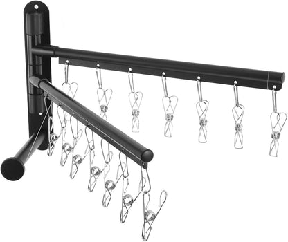 OUNONA Wall Mounted Laundry Hanger Dryer Rack with 2-Tier Stainless Steel Multi Bars, 360° Rotating Arms and 14 Clips, Foldable Strong Loadbearing Design for Laundry and Closet Organizer,