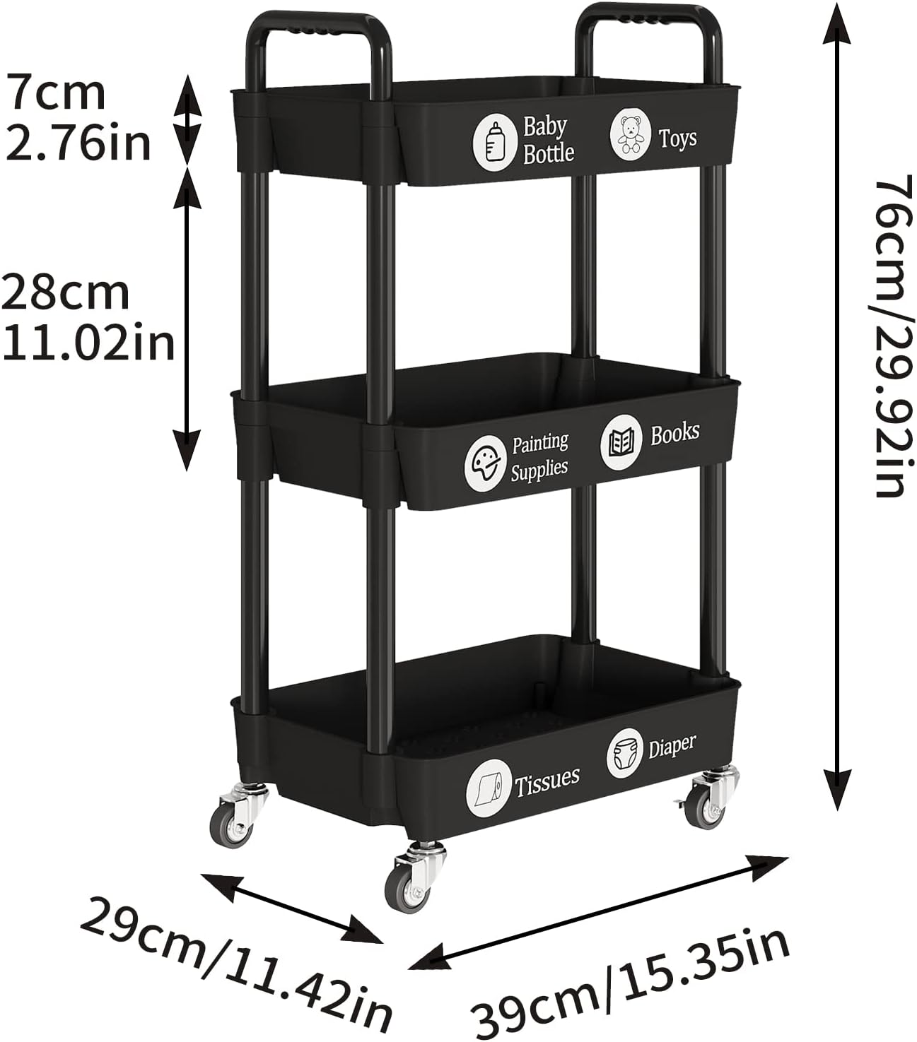 Laiensia 3-Tier Rolling Cart with Wheels,Multifunction Utility Storage Carts, Kitchen Storage Organizer,Mobile Shelving Unit for Bathroom,Laundry,with Classified Stickers,White