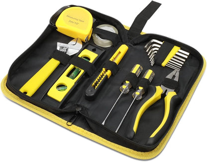 Auto Dynasty Tool Kit for Home 16-Pieces, Basic Household Hand Tool Sets with Hex Key Screwdriver and Adjustable Wrench, All in One Storage Bag for Garage, Home Maintenance, Auto Repair (Orange)