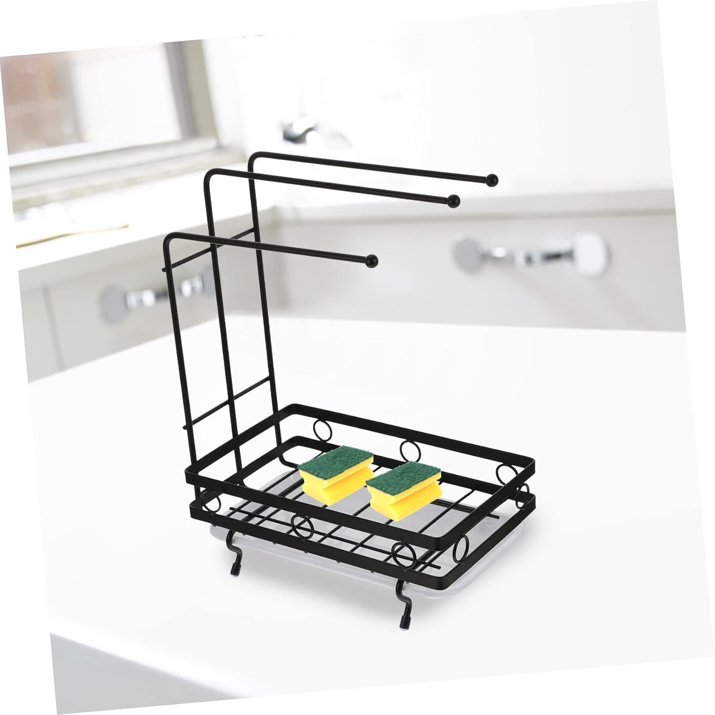 Amosfun Kitchen Storage Rack Drainage Holder Black 3-Rod Wall-Mounted and Desktop Sponge Rag Shelf for Dishcloths and Cleaning Supplies