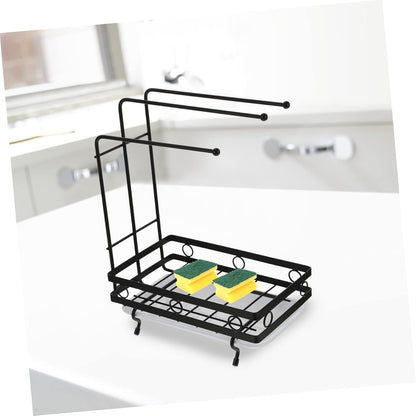 Amosfun Kitchen Storage Rack Drainage Holder Black 3-Rod Wall-Mounted and Desktop Sponge Rag Shelf for Dishcloths and Cleaning Supplies