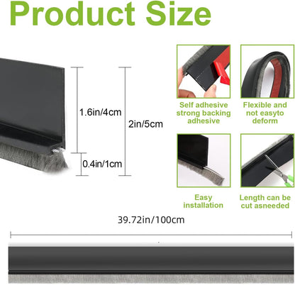 2 PCS Brush Door Sweep, Draft Stoppers for Bottom, Draft Stopper with Brush for Exterior Door, Bottom Seal Strip for Protection Against Bug, Dust, 2" W x 39" L, Black