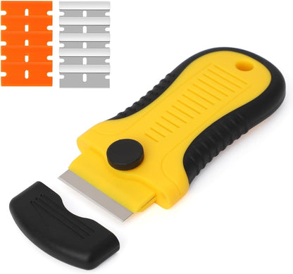 2 Pack Razor Blade Scraper Plastic Razor Blade Scraper Scraper Tool with Extra 10 Plastic Razor Blades and 10 Metal Blades for Adhesive Remover Removing Labels Stickers Taping on Glass Windows