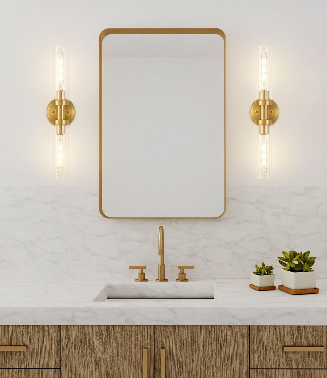 SANTOSTOCK Gold Battery Operated Wall Sconce Set of 2, 12000mAh Rechargeable Wall Lights with Remote Control, Wireless Dimmable Wall Lamps for Bedroom Living Room Bathroom Hallway Stairwell