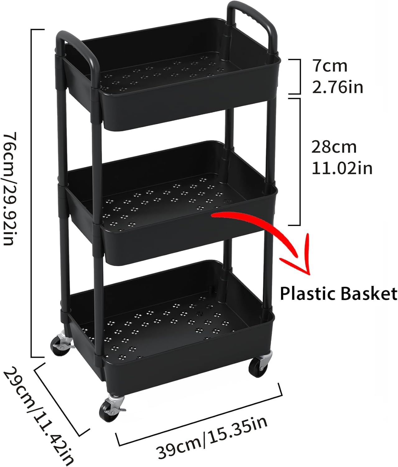 Sywhitta 4-Tier Plastic Rolling Utility Cart with Handle, Multi-Functional Storage Trolley for Office, Living Room, Kitchen, Movable Storage Organizer with Wheels, Black