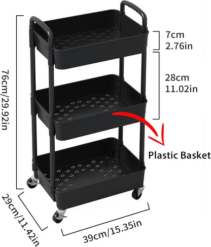 Sywhitta 4-Tier Plastic Rolling Utility Cart with Handle, Multi-Functional Storage Trolley for Office, Living Room, Kitchen, Movable Storage Organizer with Wheels, Black