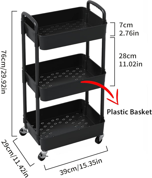 Sywhitta 4-Tier Plastic Rolling Utility Cart with Handle, Multi-Functional Storage Trolley for Office, Living Room, Kitchen, Movable Storage Organizer with Wheels, Black