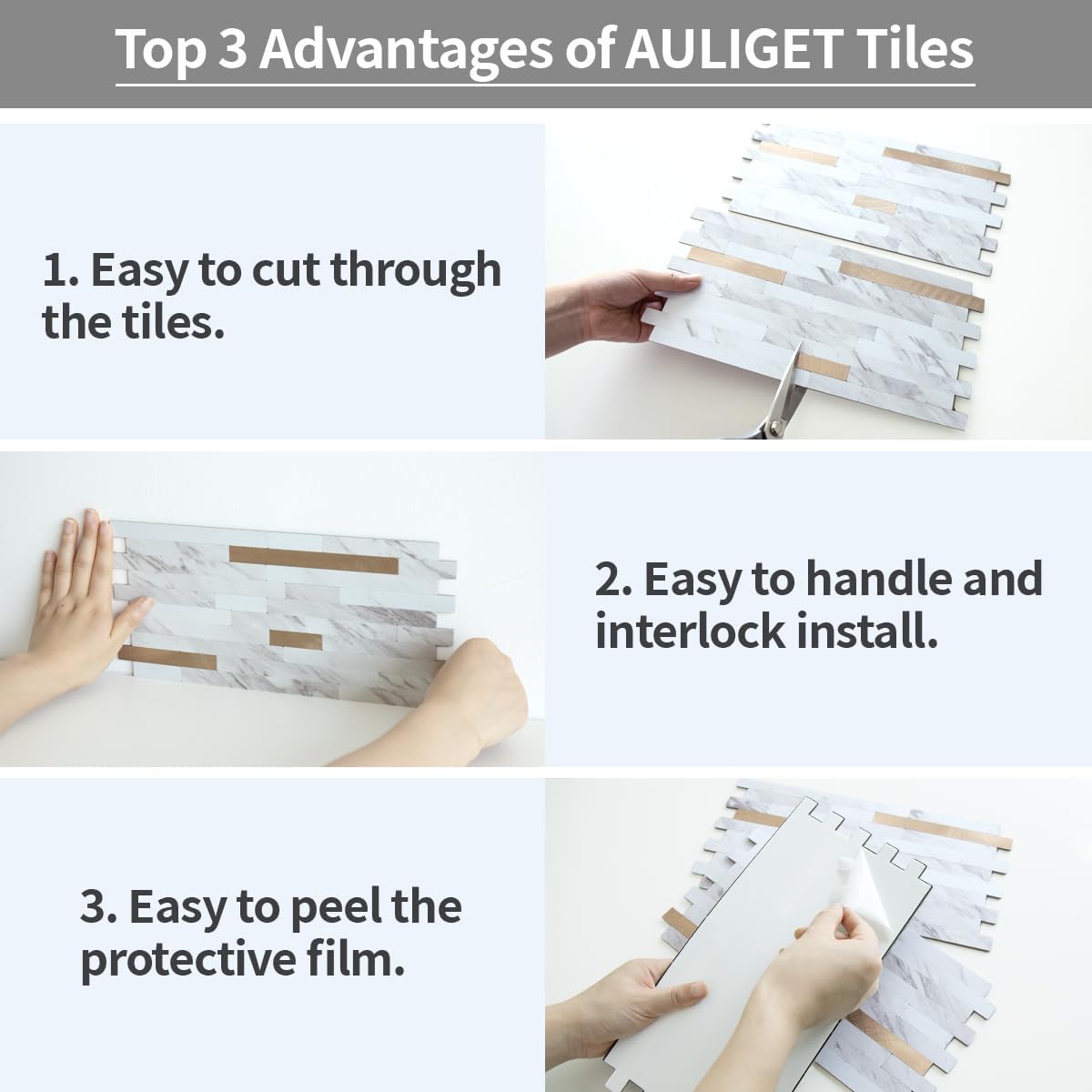AULIGET 20 Sheets Peel and Stick Backsplash, Black & Grey Wood Look PVC Mixed Metal Stick on Backsplash Tiles for Kitchen
