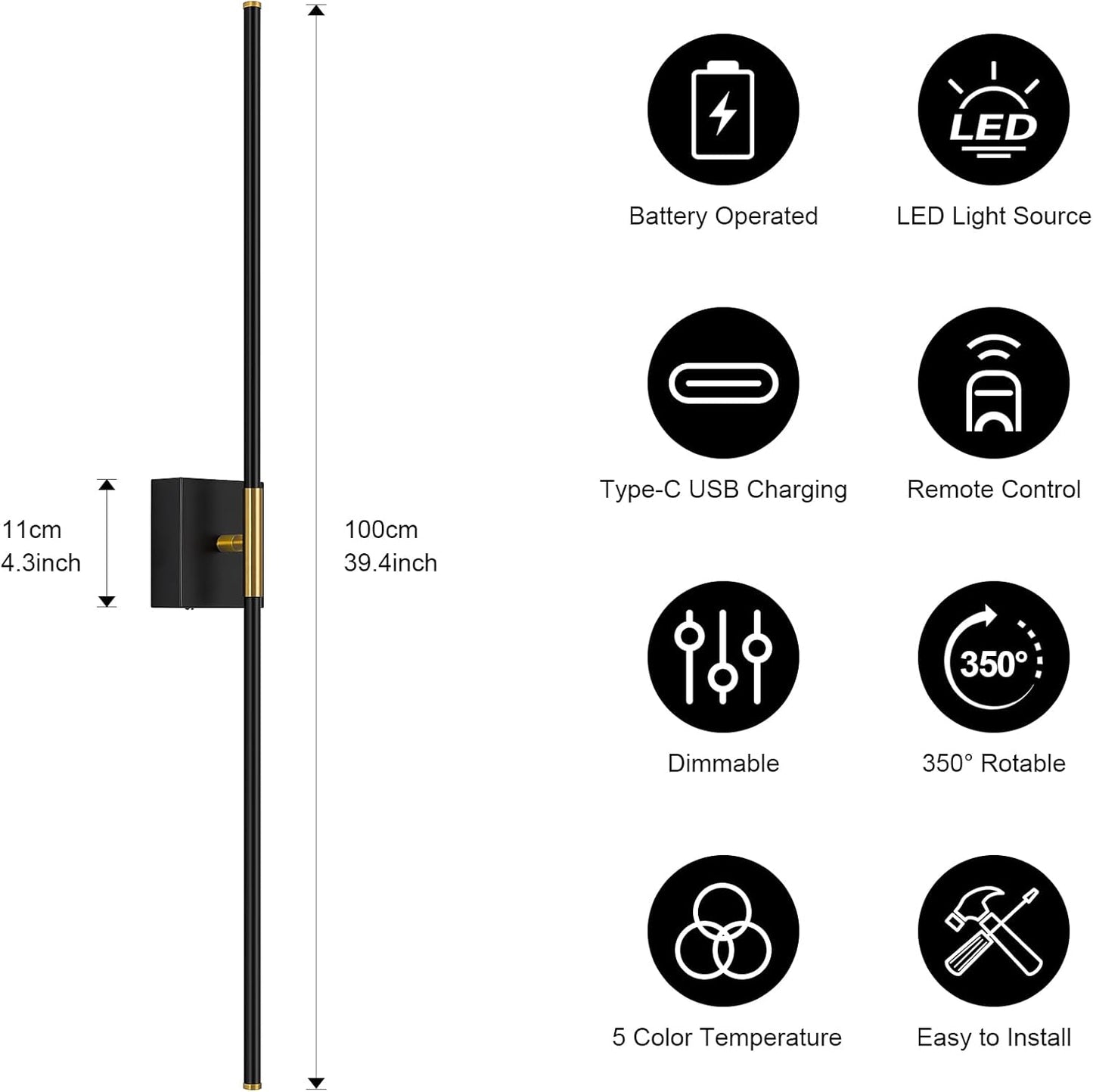 Battery Operated Wall Sconce Set of Two with Remote Control, 3000K-6000K Dimmable Black Wall Lights, Timable LED Wireless Wall Sconces, 350° Ratate for Bathroom, Living Room, Hallway 29.1 Inch