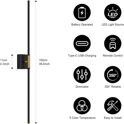 Battery Operated Wall Sconce Set of Two with Remote Control, 3000K-6000K Dimmable Black Wall Lights, Timable LED Wireless Wall Sconces, 350° Ratate for Bathroom, Living Room, Hallway 29.1 Inch