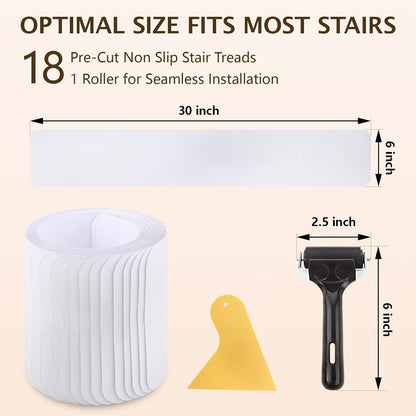 Clear Stair Treads Non Slip 30"x6", 18-Pack Anti Slip Strips for Wooden Steps Indoor, Transparent Adhesive Pre-Cut Step Grips, Safety for Elderly, Children and Dogs