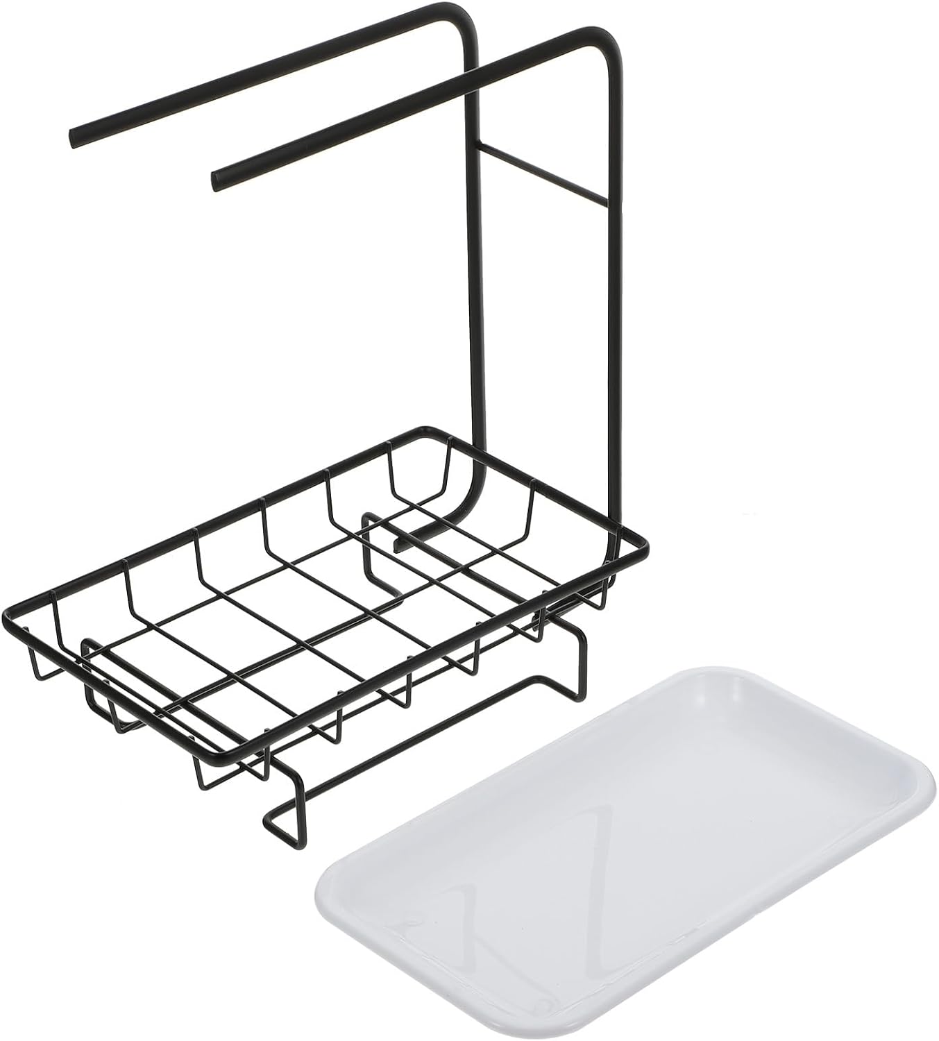 Healifty Kitchen Sponge Rack and Rag Rack, Wall-Mounted and Desktop Dual-Purpose Black Two-Rod Sponge Dishcloth Holder Drainage for Kitchen Storage and Cleaning Organization