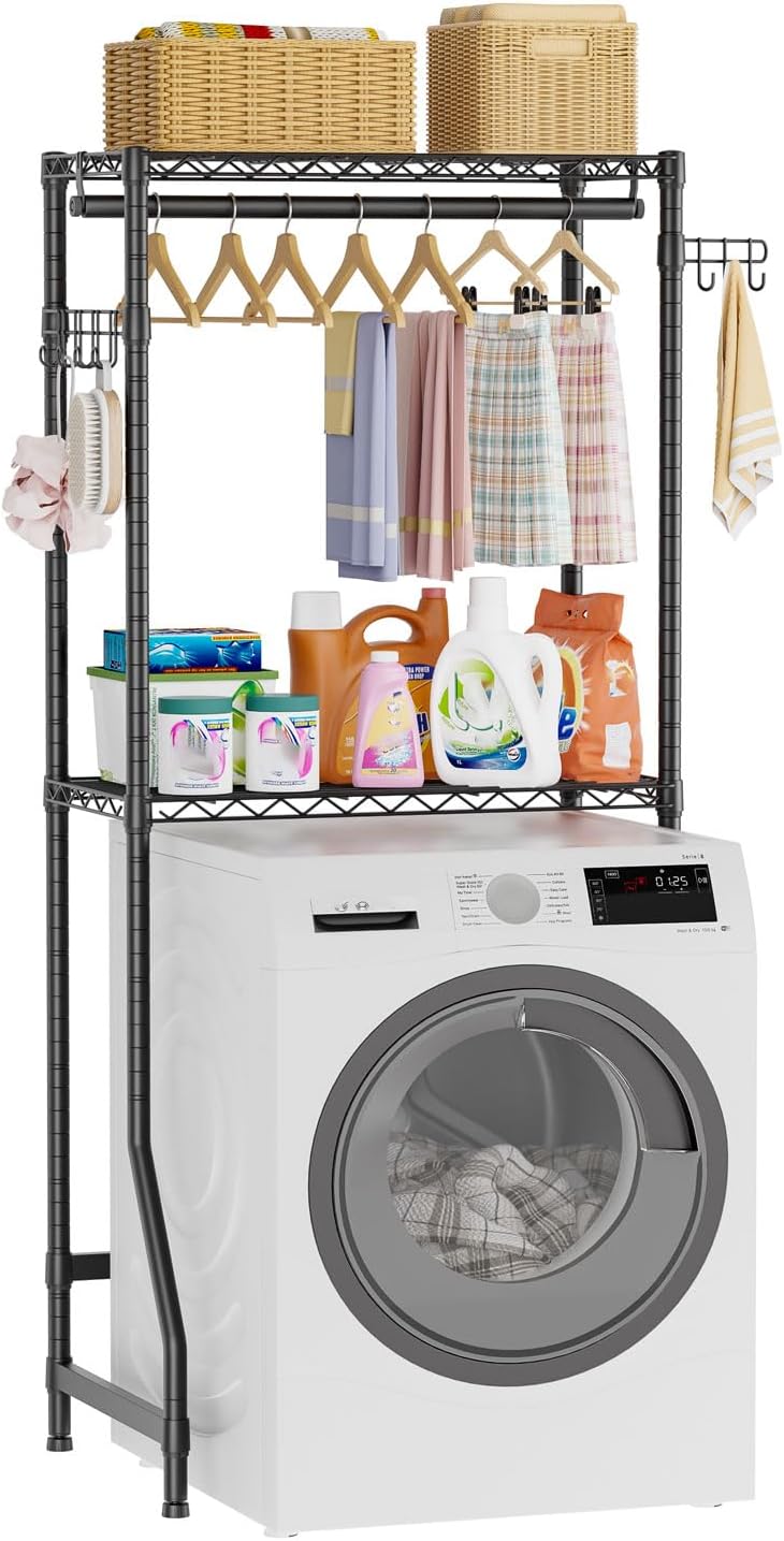 Golpart Over Washer and Dryer Shelves,Heavy Duty Laundry Room Storage Organization Clothes Drying Rack,5 Tier Adjustable Height Wire Shelving and Wire Basket with Hanger Rod&Hook,Space Saving Shelf