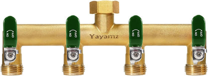Garden Hose Splitter, 3/4” Rust and Freeze Resistant Outdoor Hose Manifold with 2 Green Extra Long Handles Faucet Adapter-Heavy Duty Brass 2-Way Valve