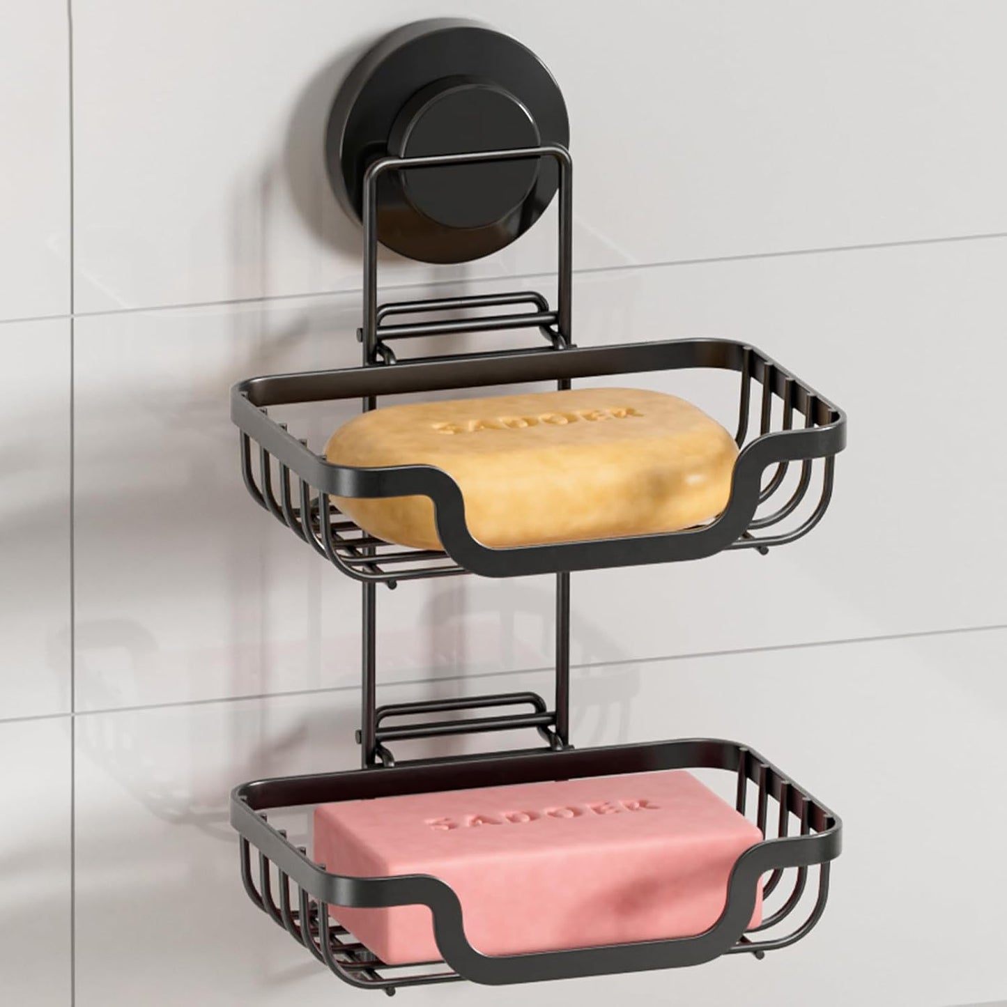 LEVERLOC Bar Soap Holder for Shower with Hooks, Suction Cup Soap Dish Rustproof Stainless Steel for Bathroom Accessories, Sponge Saver Black
