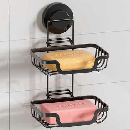 LEVERLOC Bar Soap Holder for Shower with Hooks, Suction Cup Soap Dish Rustproof Stainless Steel for Bathroom Accessories, Sponge Saver Black