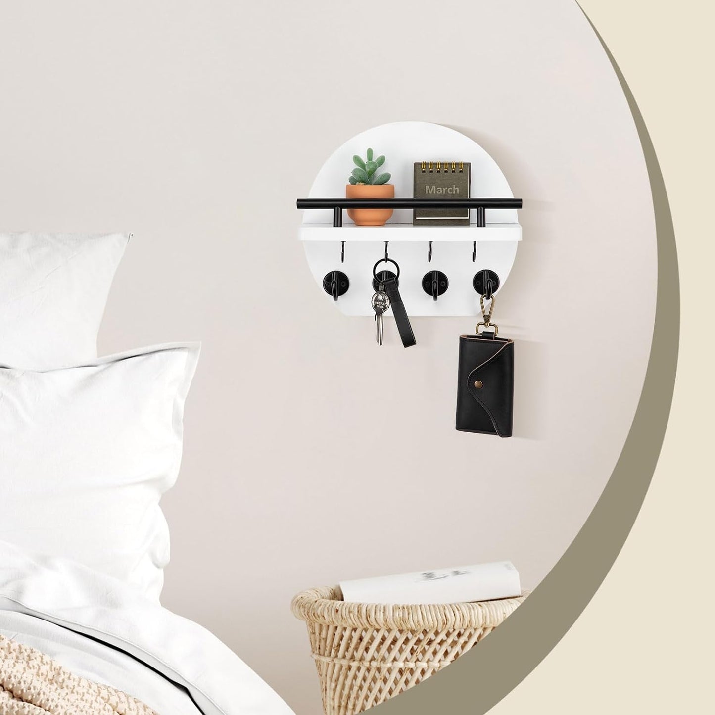 Nekon Key Holder for Wall - 9.8 Inch Apartment Wall Decor with Shelf and 8 Key Hooks, Circular Wood Key Hanger for Home Decor (Black with Golden Hooks)