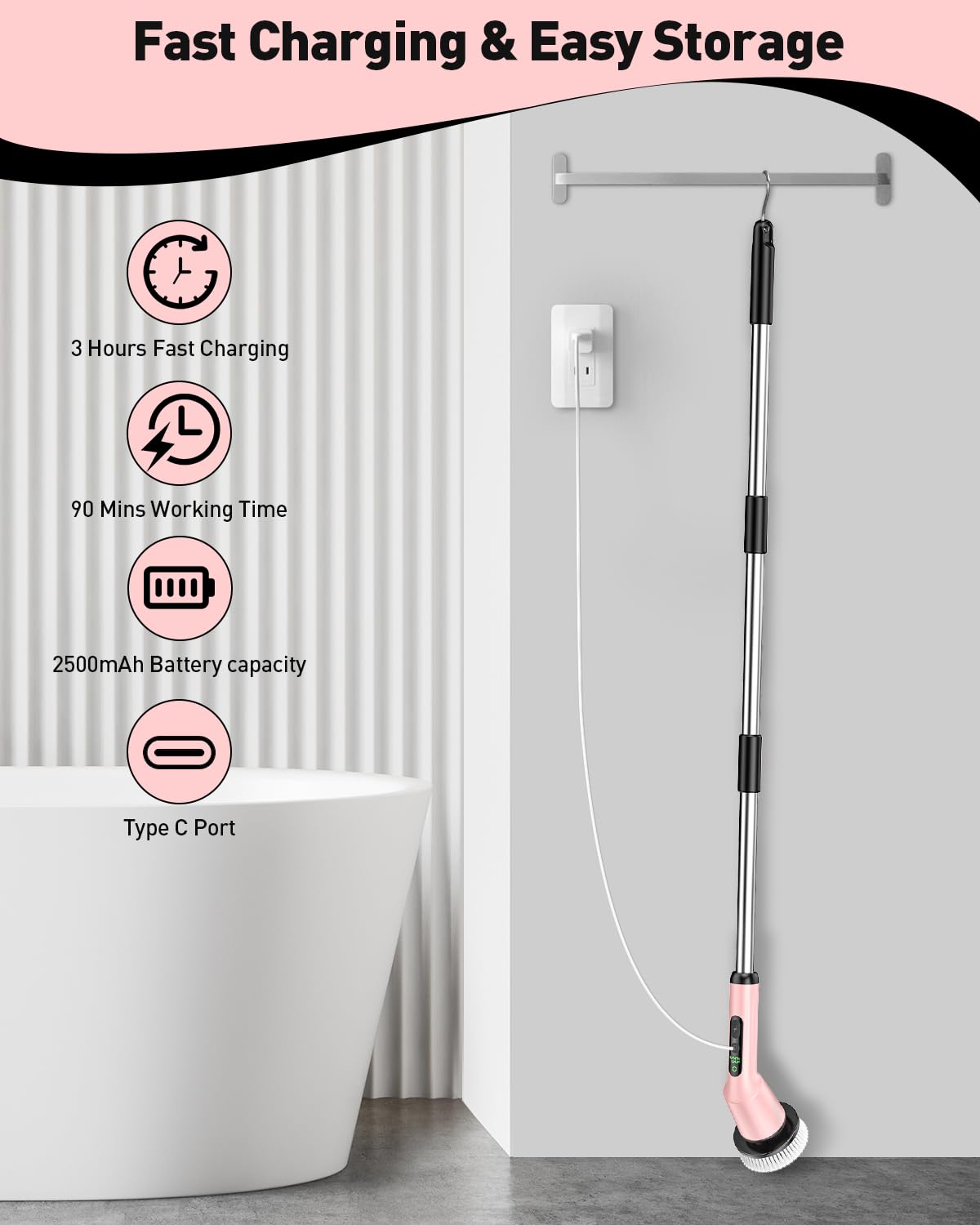 Shower Scrubber with Long Handle, Shower Cleaner Brush with 8 Floor Machine Pads, Cordless Electric Spin Scrubber for Cleaning with 2 Speed, Cleaning Supplies for Bathroom Bathtub Kitchen Floor Tile