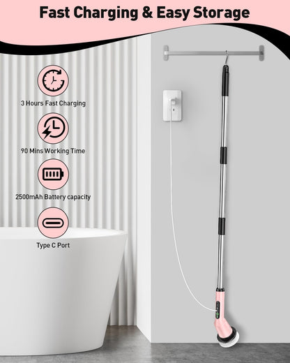 Shower Scrubber with Long Handle, Shower Cleaner Brush with 8 Floor Machine Pads, Cordless Electric Spin Scrubber for Cleaning with 2 Speed, Cleaning Supplies for Bathroom Bathtub Kitchen Floor Tile