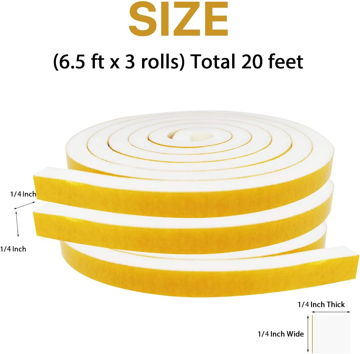 Door Weather Stripping-3 Rolls, 1/2 Inch Wide X 1/2 Inch Thick Total 20 Feet Long, Adhesive Foam Seal Tape for Window Insulation(6.5ft x 3 Rolls)