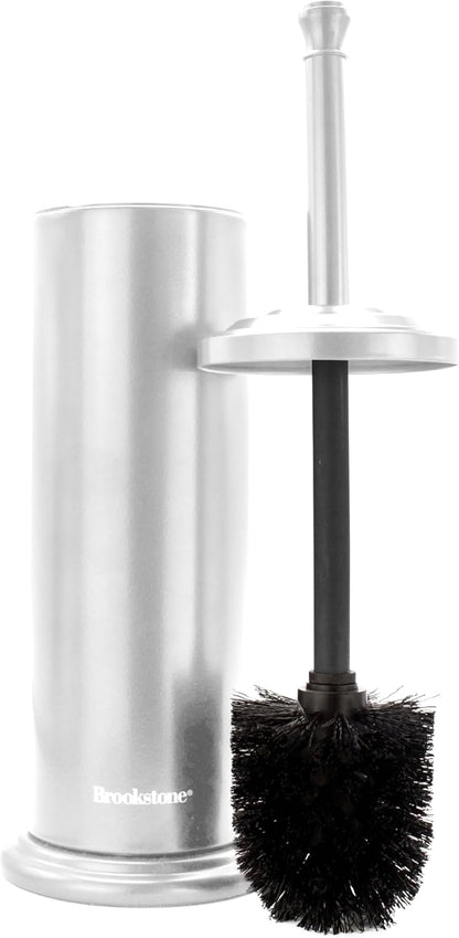 BROOKSTONE Toilet Brush and Holder Set for Bathroom with Splash Guard for Deep Cleaning, Compact and Space Saving Stylish Toilet Bowl Cleaners, Chrome