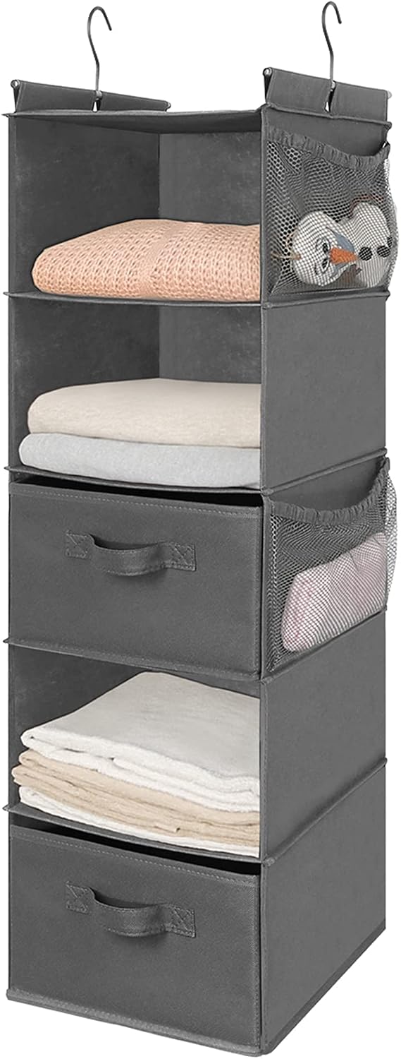 MAX Houser 4-Shelf Hanging Closet Organizer, Space Saver, Cloth Hanging Shelves with 2 Side Pockets, Foldable (Beige)