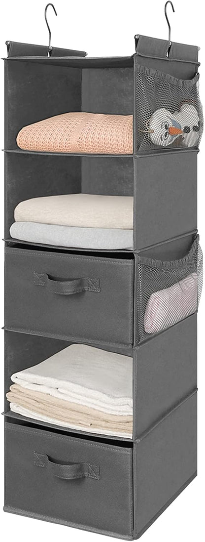MAX Houser 4-Shelf Hanging Closet Organizer, Space Saver, Cloth Hanging Shelves with 2 Side Pockets, Foldable (Beige)
