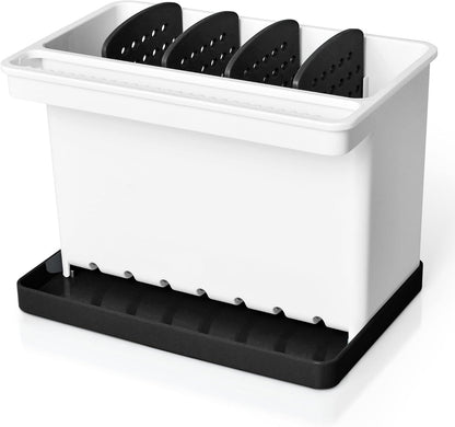 JOMOLA Kitchen Sink Organizer Dish Brush Sponge Holder Caddy Toothbrush Holders for Bathrooms Sinkware Kitchen Utensil Holder Sink Caddy Organizer with 4 Separate Dividers Removable Drain Tray (Grey)