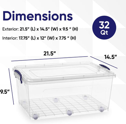 Superio Under Bed Storage Containers with Wheels (2 Pack), Flat Clear Storage Bin Stackable Large Storage Latch Box with Lids Store Cloths, Bedding, Linen, For Under The Bed, Garage, Home