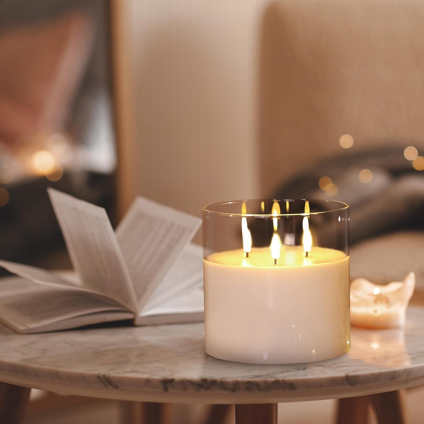 Eywamage 3 Wick Smoke Grey Glass Flameless LED Candle with Remote, Flickering Large Battery Pillar Candle Decor Φ 6" H 6"