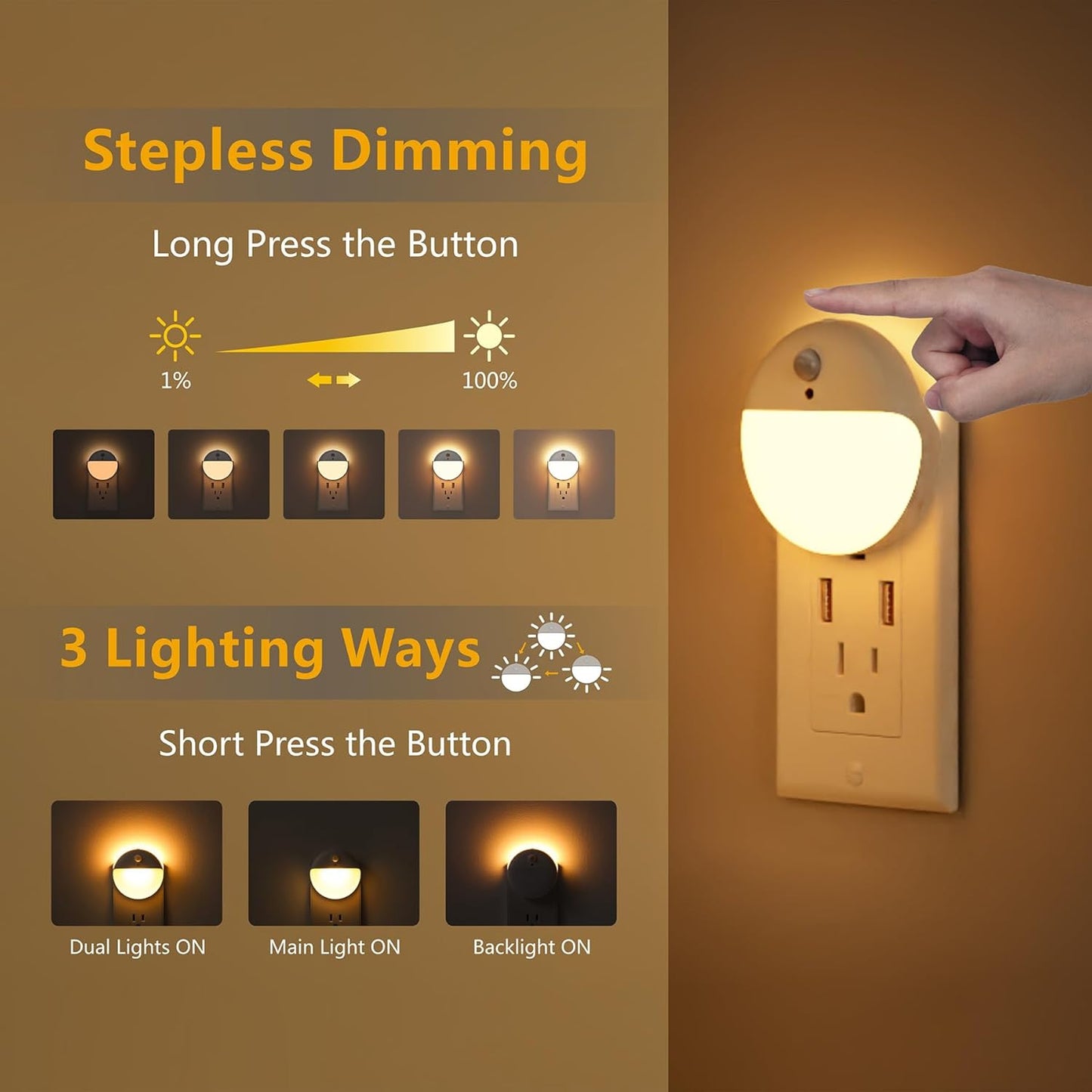 YUNLEX 2 Pack Plug in Night Light with Motion Sensor and Dusk to Dawn Sensor, Stepless Dimming, Warm White LED Nightlight with 3 Lighting Ways for Bathroom, Bedroom, Kitchen, for Kids, Adults