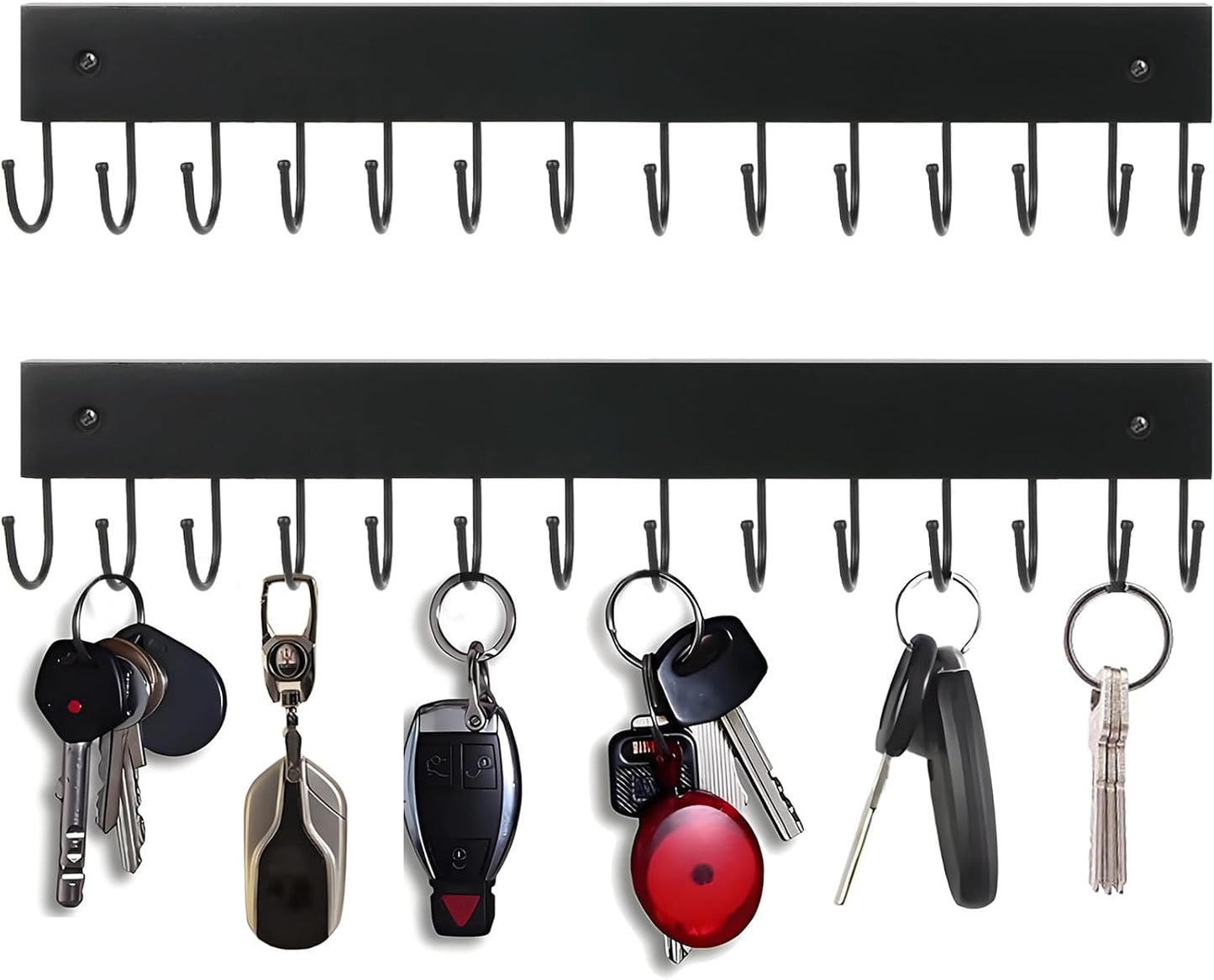 2Pack Key Holder Wall Mount with 28 Rotating 180° Key Hooks, 14.6" Rustproof Organizer Hanger for Apartment Decor, Wall Storage Rack for Entryway, Living Room, Hallway, Bathroom, Kitchen(White)