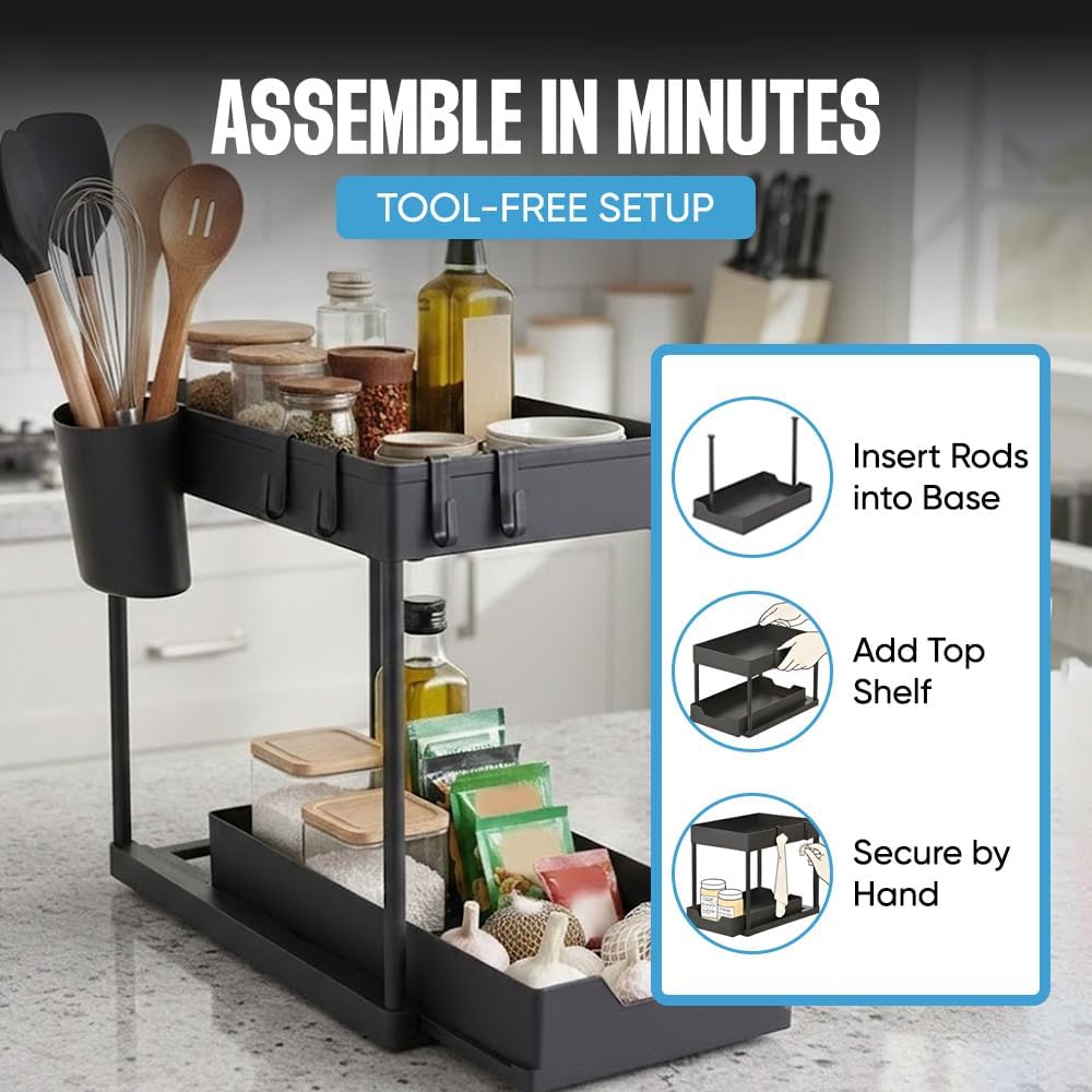 Undersink Organizer, 2-Tier Under Sink Storage Rack with Sliding Drawers for Kitchen Bathroom Cabinets, Pull Out Organizer for Pantry, Laundry Room & Closet Organization - 1 Pack, Black