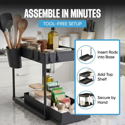 Undersink Organizer, 2-Tier Under Sink Storage Rack with Sliding Drawers for Kitchen Bathroom Cabinets, Pull Out Organizer for Pantry, Laundry Room & Closet Organization - 1 Pack, Black