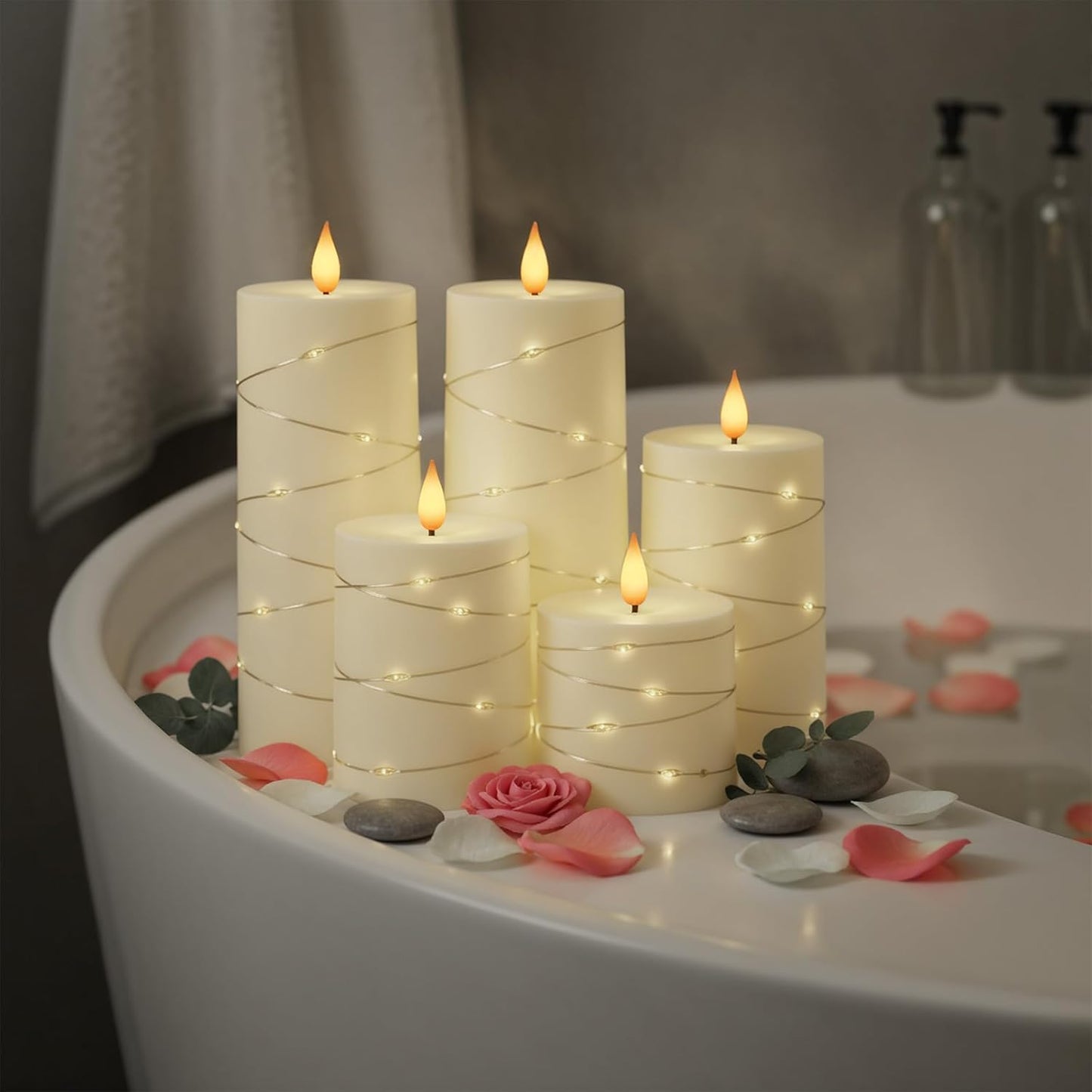 Raycare Flameless Candles with Remote Timer, Flickering Battery Operated LED Pillar Fake Candle with String Lights for Home Decor, Christmas, Wedding and Gift, White, Set of 3