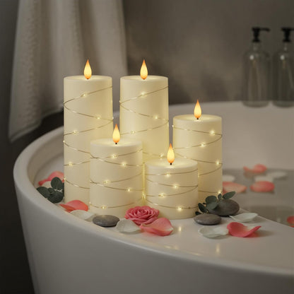 Raycare Flameless Candles with Remote Timer, Flickering Battery Operated LED Pillar Fake Candle with String Lights for Home Decor, Christmas, Wedding and Gift, White, Set of 3