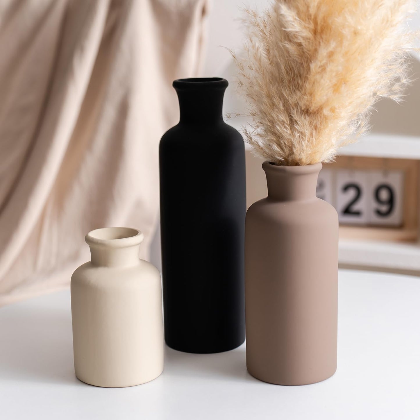 Ceramic Vase Set of 3, Modern Minimalist Neutral Home Decor, Boho Rustic Farmhouse Decorative Vases for Pampas Grass Dried Flowers | Table Centerpiece Entryway Mantel Bookshelf(Black Mix Set - Gray#1)