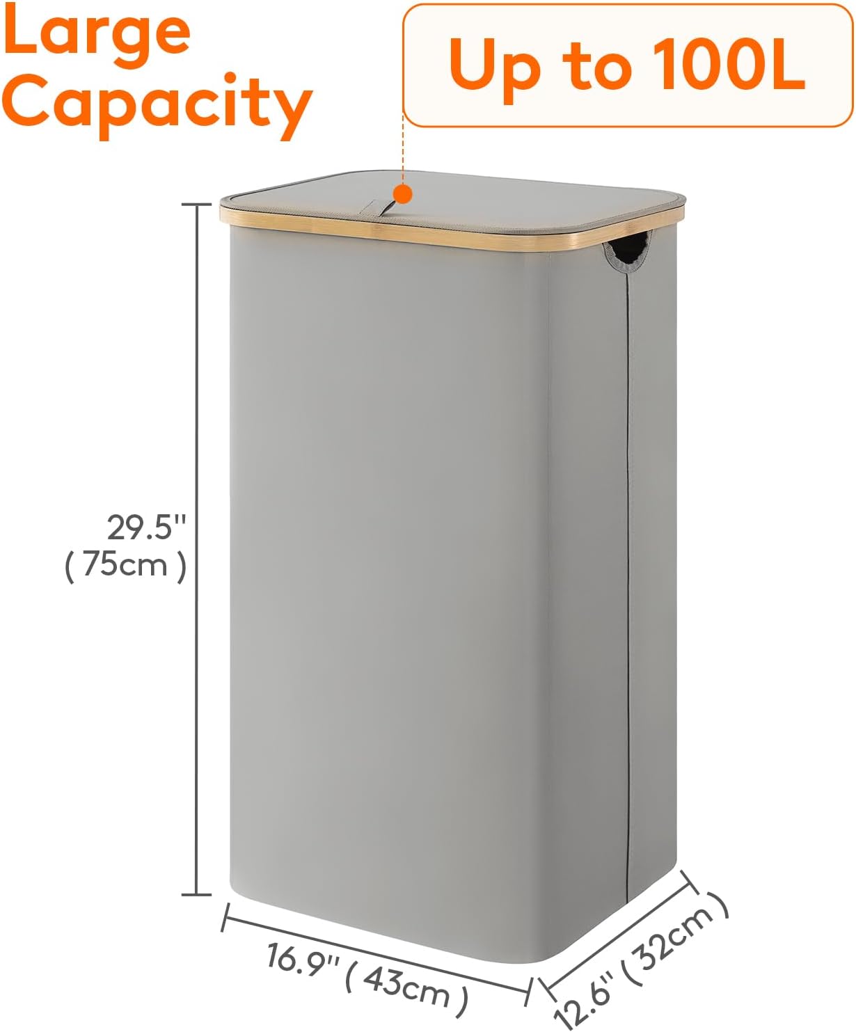 Lifewit 120L Laundry Basket with Lid, Clothes Hampers for Laundry with Bamboo Handles and 2 Removable Bag, Large Foldable Laundry Hamper for Bedroom, Bathroom, Dorm, Laundry Room, Beige