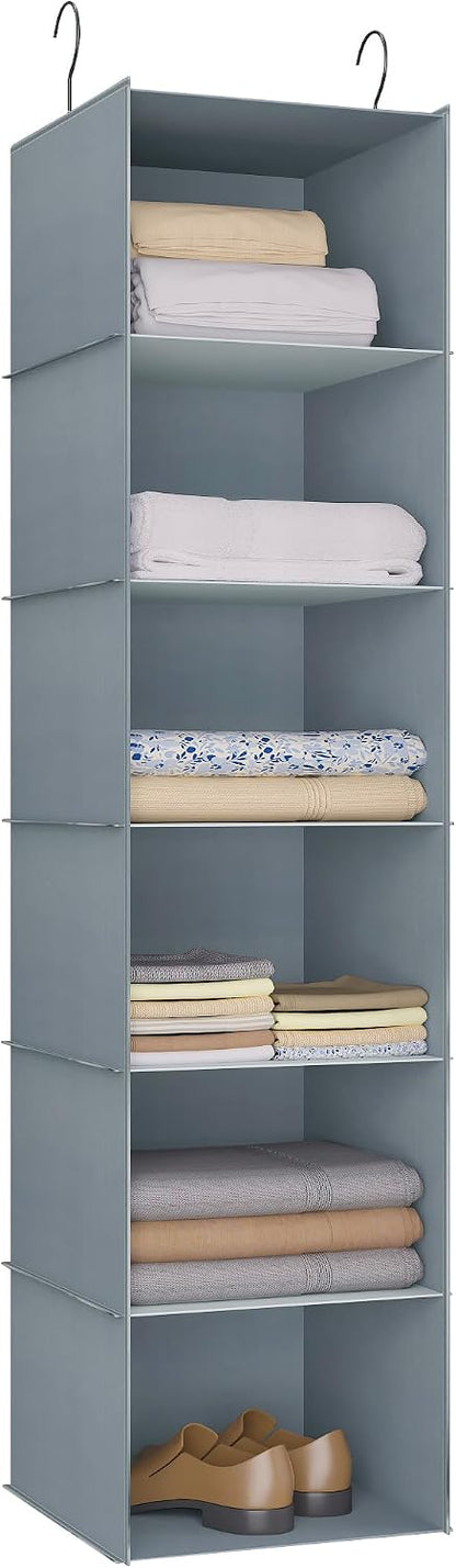 Hanging Closet Organizer 3-Shelf, Oxford Fabric Wardrobe Storage, Gray | Easy-mount foldable design holds clothes, handbags, shoes & accessories; washable Oxford fabric, sturdy and space-saving.
