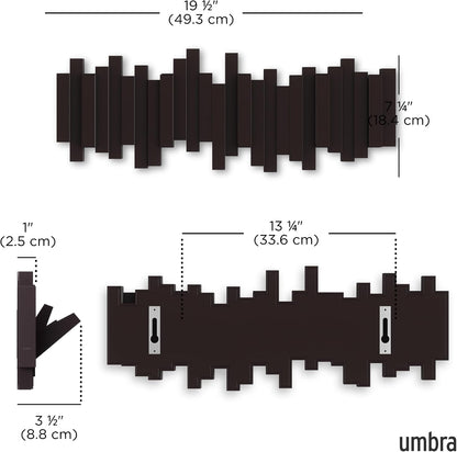 Umbra Sticks Wall-Mounted Coat Rack Rail Hook with 5 Retractable Pegs – Modern, Space-Saving Storage Organizer, Black